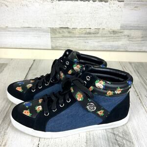 Coach Womens 11 Pembroke Black Floral Denim Leather Lace-Up High Top Sneakers